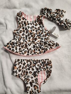 Mud Pie Leopard Print Two-Piece Swim Set Reversable To Pink Stripes and Headband